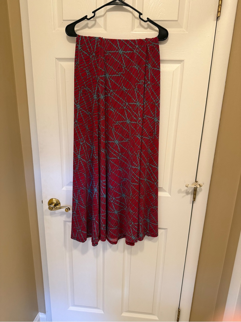 LuLaRoe Red Maxi Skirt with Blue Abstract Lines